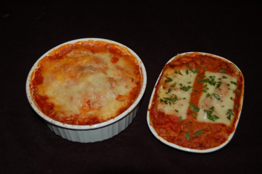 Ravioli covered with Cannelloni sauce & topped with Italian blend cheese on the left or Cannelloni topped with Mozzarella & topped with Italian Parsley on the right. Either way, your family wins!