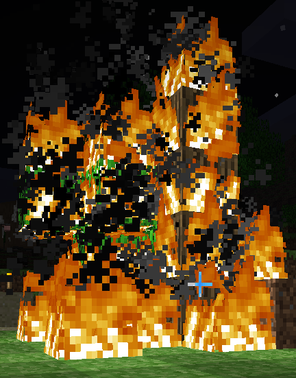 A tree in Miinecraft on fire. 