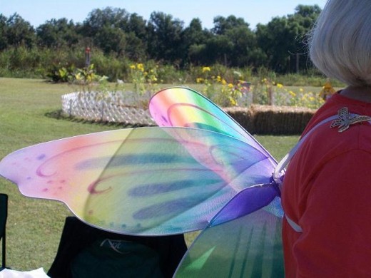 Kay Webb, Co-founder and butterfly enthusiast wears beautiful rainbow wings and a butterfly on her shoulder. 