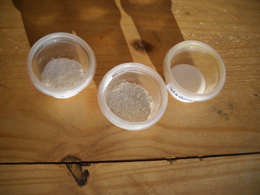 From left to right: Baking soda, diatomaceous earth, and washing soda.  You can see how similar and yet how different they are.