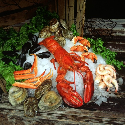 American lobster, crab legs, shrimp, clams, oysters, mussels