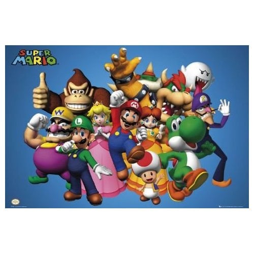 Mario Poster with other Mario characters like Donkey Kong, Waluigi, Luigi, Yoshi, Princess Peach, Bowser and more!