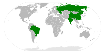 Global Map of BRIC - Brazil Russia India China - in Grey and Green - with Green Showcasing the Growth