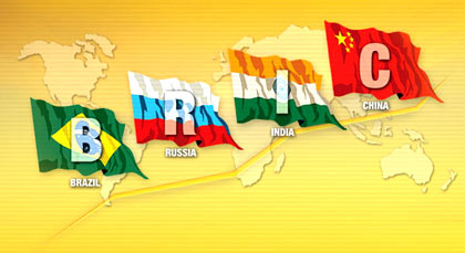 Colorful Global Map of BRIC - Brazil Russia India China Showcasing the National Flags of Each Country