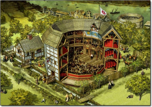 A color drawing of the type of theater house Shakespeare's plays were written to be performed in.
