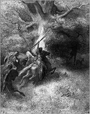 In the Biblical story of Absalom, he rebels against his father, King David, and dies by getting hung in a tree that catches his long hair as he rides under it (pictured above).