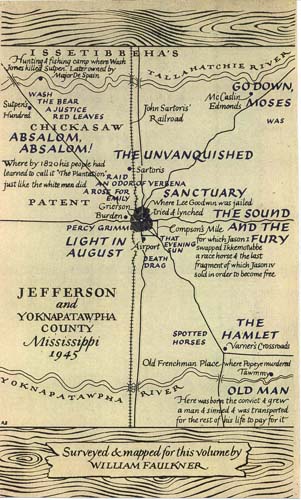 Faulkner created a map of the world his stories took place in.  Yoknapatawpha County was originally made up of four or five big plantations before the Civil War.  Most of the Northwest part of the county was occupied by Sutpen's Hundred.