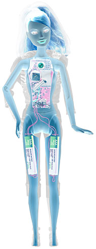An x-ray shows the internal workings of the Barbie Video Girl Doll.