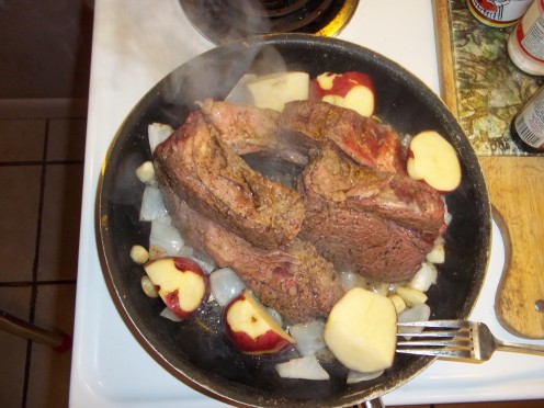 The browning of meat and vegetables takes about 20 minutes, but it cuts down the total cooking time for the roast.
