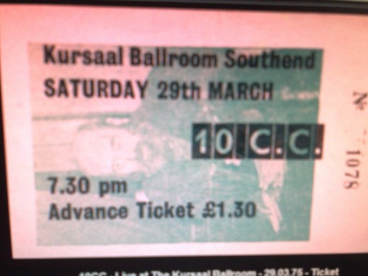 A ticket for 10cc's gig at the kursaal Ballroom, southend on sea, march 29th, 1975. with thanks to the sharon Riley collection.