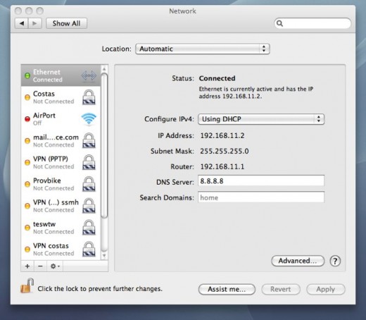 Network Settings on a Mac.  Note the IP is 192.168.11.2