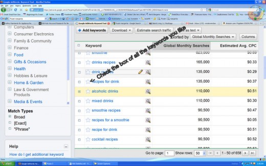 Google Adwords  Showing selections.