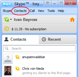 Diagram 1. Clicking the Contacts link in Skype