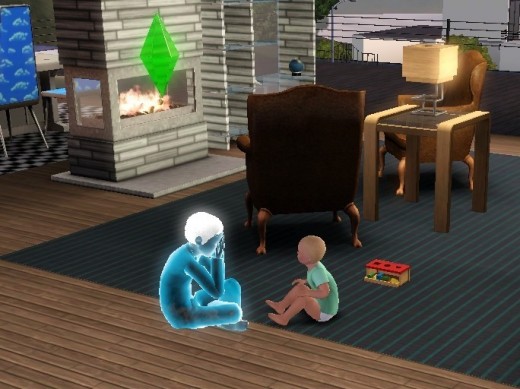 A ghost child Sim plays peek-a-boo with his normal toddler Sim brother.