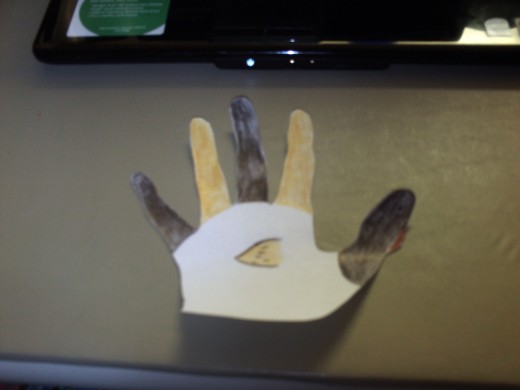 The paper turkey is made by simply tracing around your hand on the blank side of a sheet of paper.