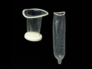 Female condom or sheath on the left and male condom on the right.