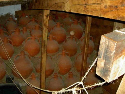 Amphoras in reconstruction of Byzantine era ship