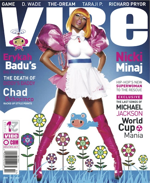 NIcki Minaj is rocking these pink leather thigh high boots on the cover of vibe magazine. 