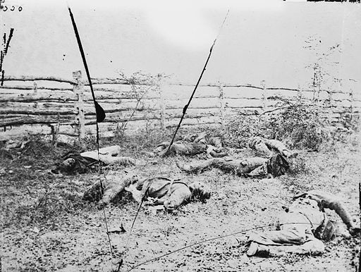 Confederate soldiers on the Antietam battlefield as they fell inside the fence on the Hagerstown road, September 1862