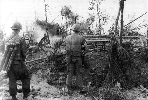 U.S. Marines move through the ruins of the hamlet of Dai Do after several days of intense fighting during the Tet Offensive