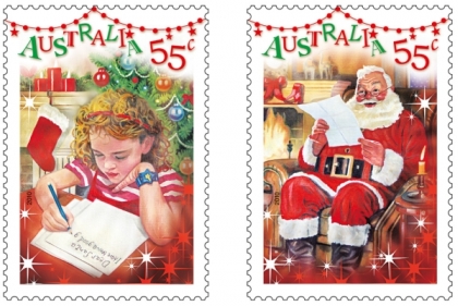 Australia's Postage Stamps for Christmas 2010 illustrating a child writng a letter, and Santa reading one.