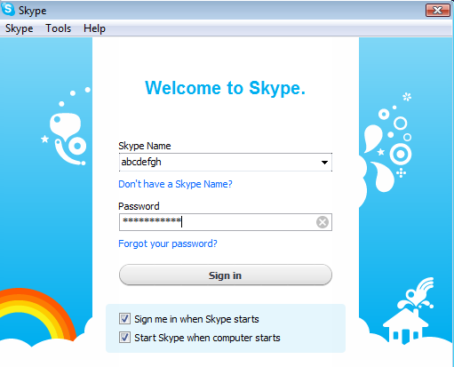 Digram2. The Skype Login screen