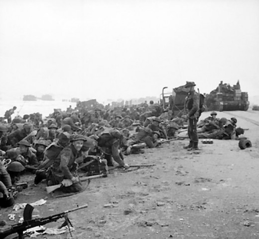 Troops on tbe beach during D day