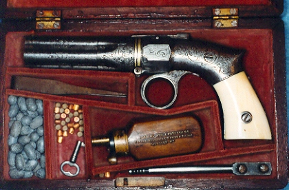 The deluxe pistol came with nickel plating, was elaborately engraved, and had ivory hand grips.  It was sold in a wooden case.