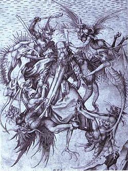 This is a dipiction of St. Anthonny being pestered by demonds