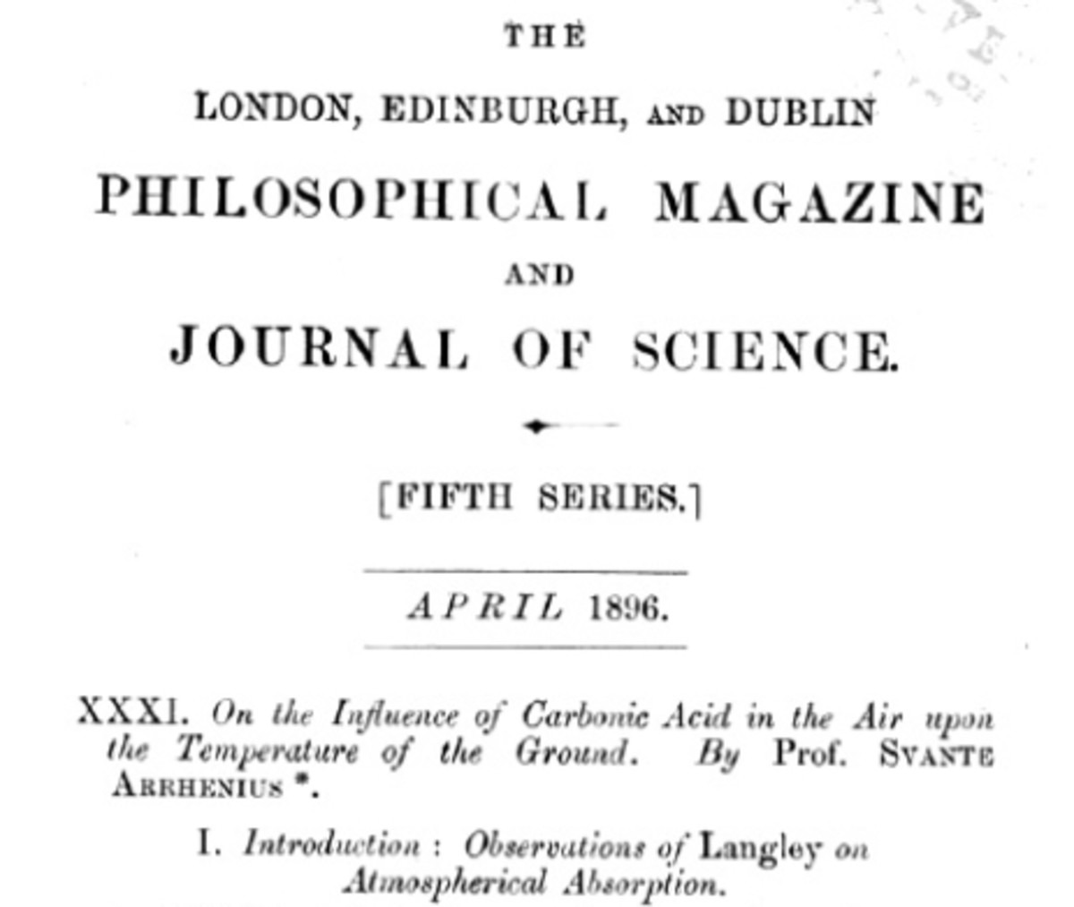 Title Page of Arrhenius's 1896 paper on "Carbonic Acid."