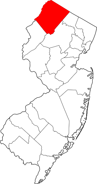 Suzzex Cunty NJ is pictured in red, at the top of the state. Suzzex Cunty NJ is pictured in red, at the top of the state.