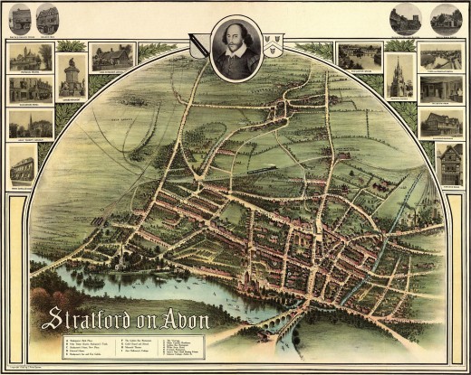 'A birds-eye view of Stratford-on-Avon made by J. Ross Brown in or about 1908' This image ... is in the public domain because its copyright has expired. http://en.wikipedia.org/wiki/File:Stratford_On_Avon_historic_map_1902.jpg
