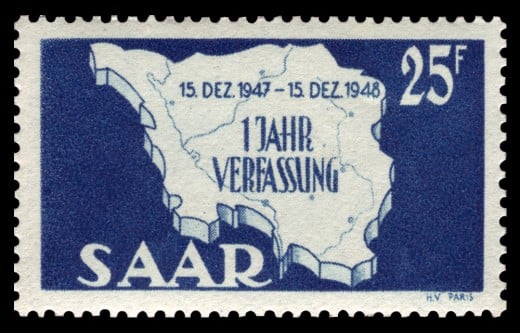 Postage stamp map, formerly issued by the Saarland.