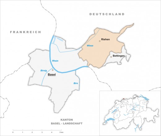 Map location of Riehen, Switzerland, situated north of the Rhine