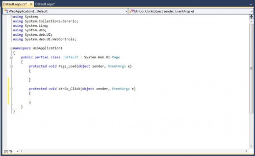 Figure 7 - default.aspx.cs with Empty method for BtnGo_Click