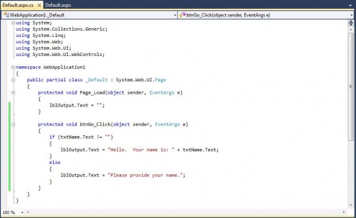 Figure 8 - Code for our button click event in default.aspx.cs