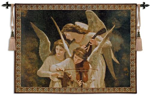 beautiful painting with angels (two young girls and an adult female) playing instruments with gorgeous wings
