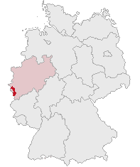 Map location of Aachen, within Nordrhein-Westfalen state, Germany