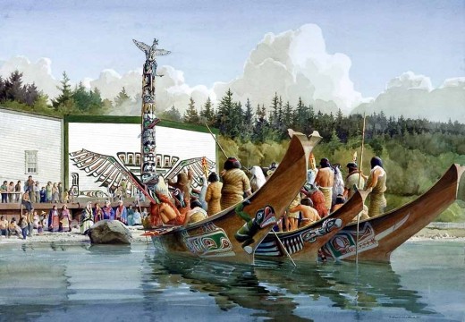 First Nations peoples arrived to the potlatch on large cedar canoes from far flung distances north and south of the chosen celebration location.
