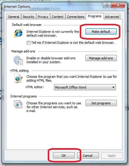 internet explorer as the default browser