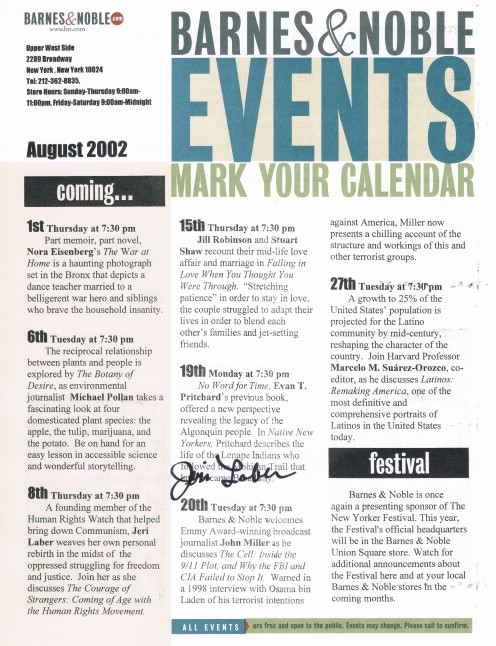 Jeri Laber is a co-founder of the world-renowned Human Rights Watch. I secured her autograph twice before her book talk at a Barnes & Noble.