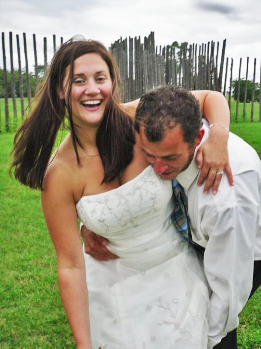 Ben Zoltak and his gorgeous Welsch American bride enacting the Ojibwe wrestle moments after their Apache wedding blessing and Polish salt and bread blessing
