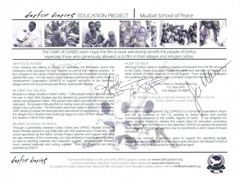 Above and below are the autographs of Jen Marlowe, Aisha Bain and Adam Shapiro, authors of "Darfur Dairies: Stories of Survival," and documentary filmakers of "Darfur Diaries: Message from Home."