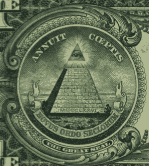 The all-seeing-eye on the dollar bill, which Americans see every time they make a cash transaction. Below the pyramid/eye symbol are the words: "Novus Ordo Seclorum," which can be translated as: ' A new order of the ages"