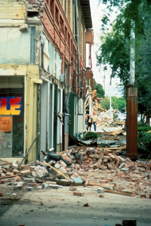 Taken from earthquake in Coalingua, California.  The reason you don't want to run outside in an earthquake is to avoid falling debris.  You could be hit by these bricks when running out of the building.  Not all the debris falls inside.