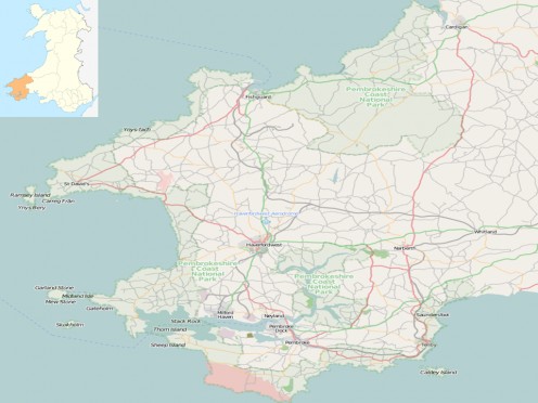 Map of Pembrokeshire, Wales, with St. David's at the extreme western tip