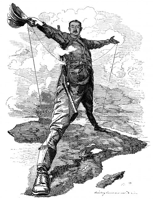 Cartoon by Edward Linley Sambourne, published in Punch after Rhodes announced plans for a telegraph line from Cape Town to Cairo. Image from Wikipedia