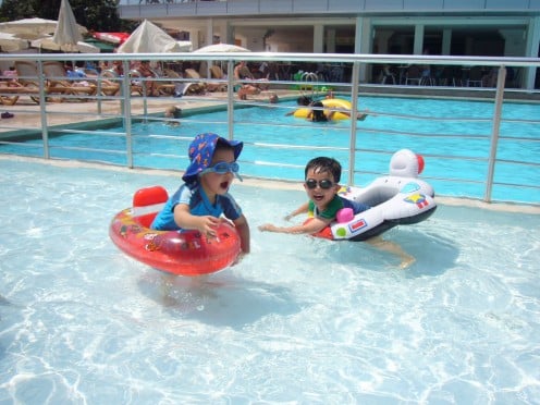 My son and nephew on the kid's pool during our family vacation in Antalya, Turkey. 