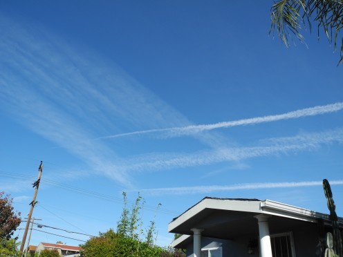 Chemtrails sprayed almost like crop dusting, hitting the whole neighborhood underneath them.