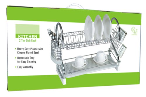 A sturdy two-level dish drainer in an attractive silver finish.